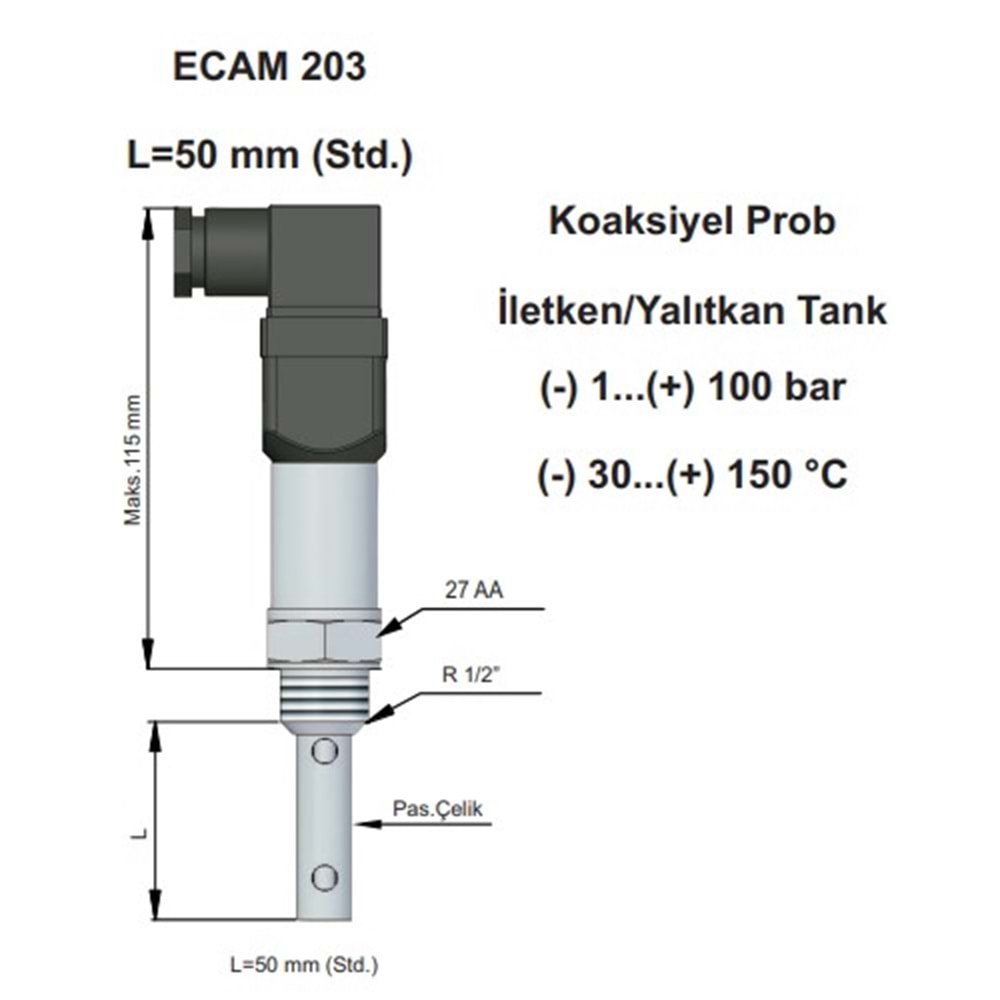 ECAM 203 Kapastif Seviye Sensörü - Düşük İletkenlikli Sıvılar